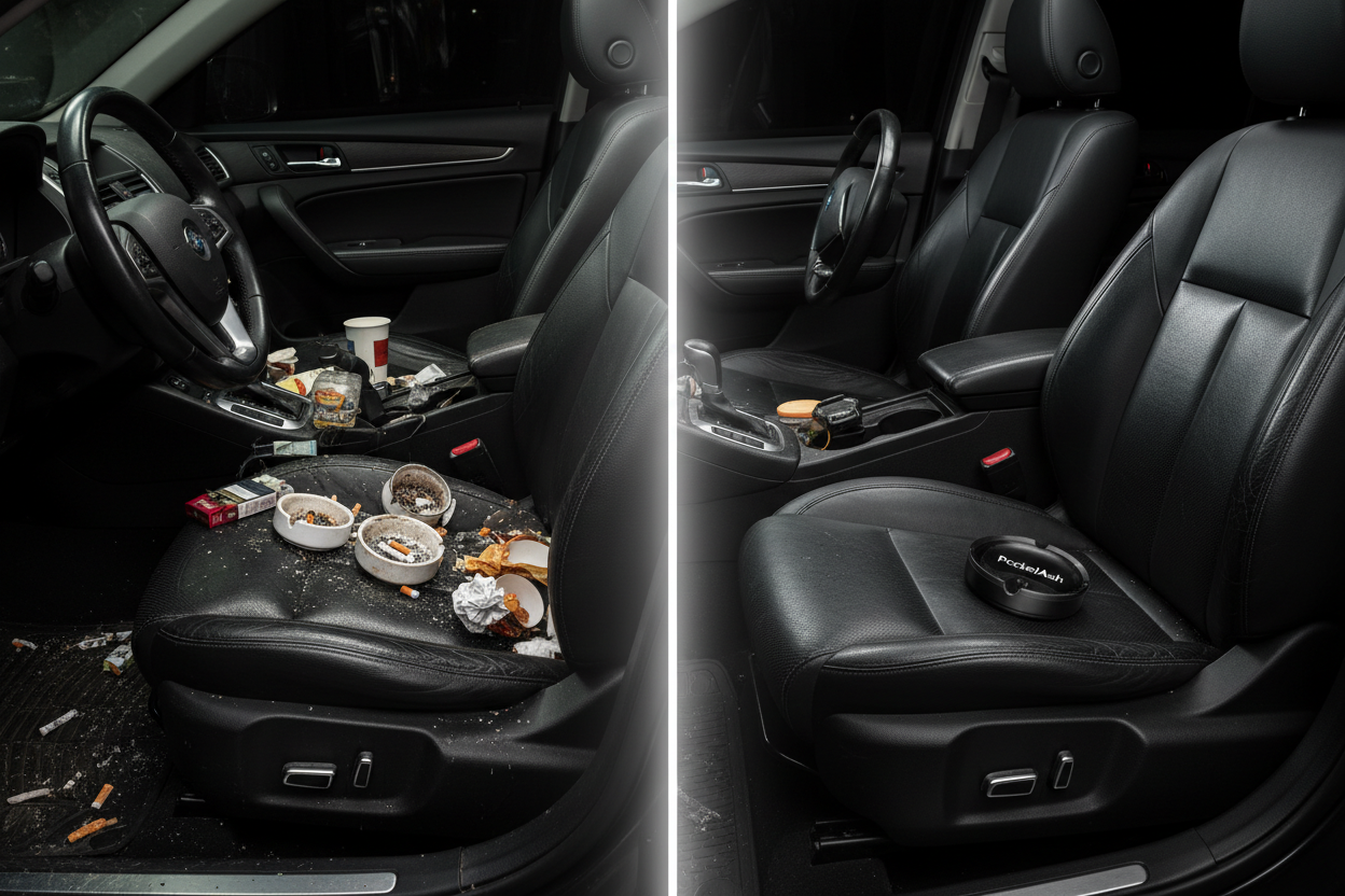 a seat in car filled with ashtrays and makes it dirty vs using pocketash which is disposable ashtray making the car clean and no waste and make the photo black 
